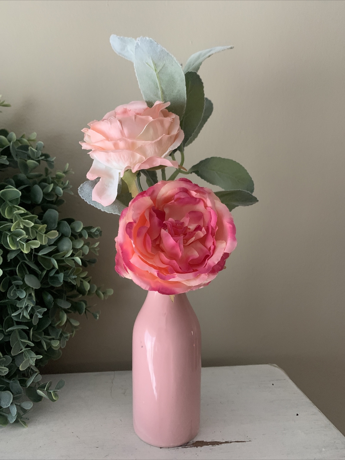 13” pink glass vase roses lambs ear stem farmhouse decor Floral Arrangement ❤️tb