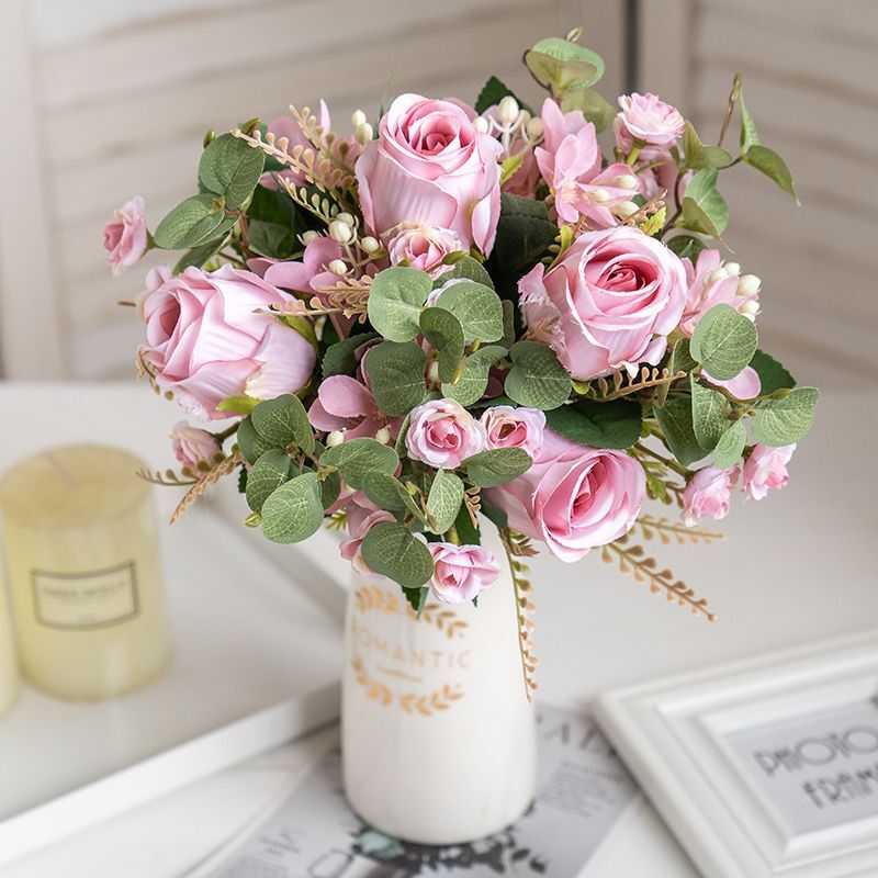 Artificial Rose And Eucalyptus Flower Bouquet High Quality Home / Wedding Decor