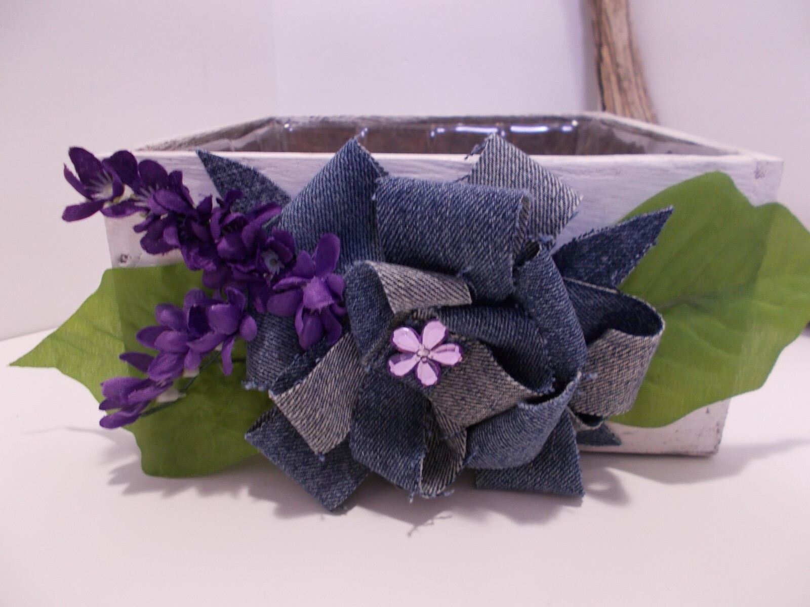 Denim Flowers & Purple Flowers Painted Wooden Box Decor Farmhouse Rustic Decor