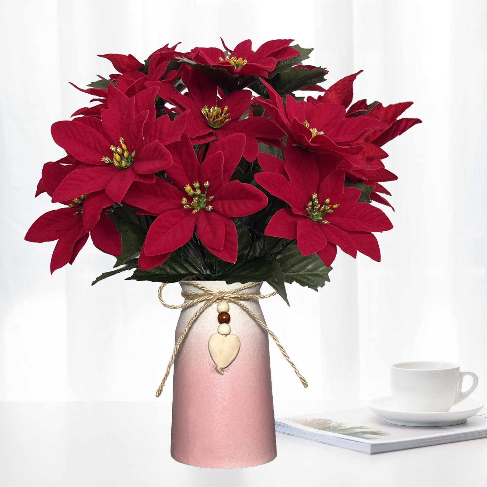 Red Artificial Poinsettia Faux Christmas Flower Arrangement Pink Vase Decor