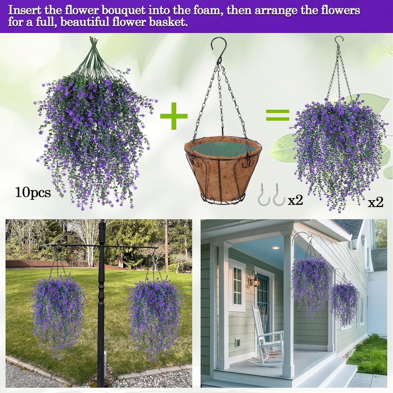 MHMJON 2 Set Artificial Flower Hanging Baskets for Outdoors, 20Pcs Fake Hangi…