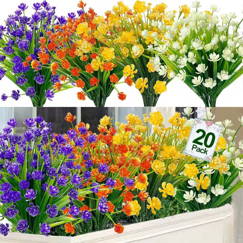 12.6 In. H 20 Bundles Artificial Flowers for Outdoors UV Resistant Fake Plants S