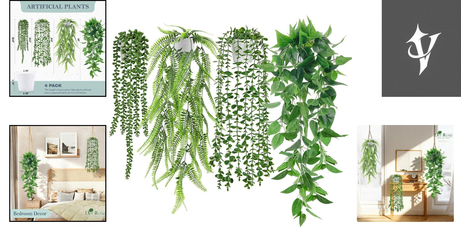 Lifelike Hanging Plants Set of 4 – UV & Water Resistant for Indoor & Outdoor