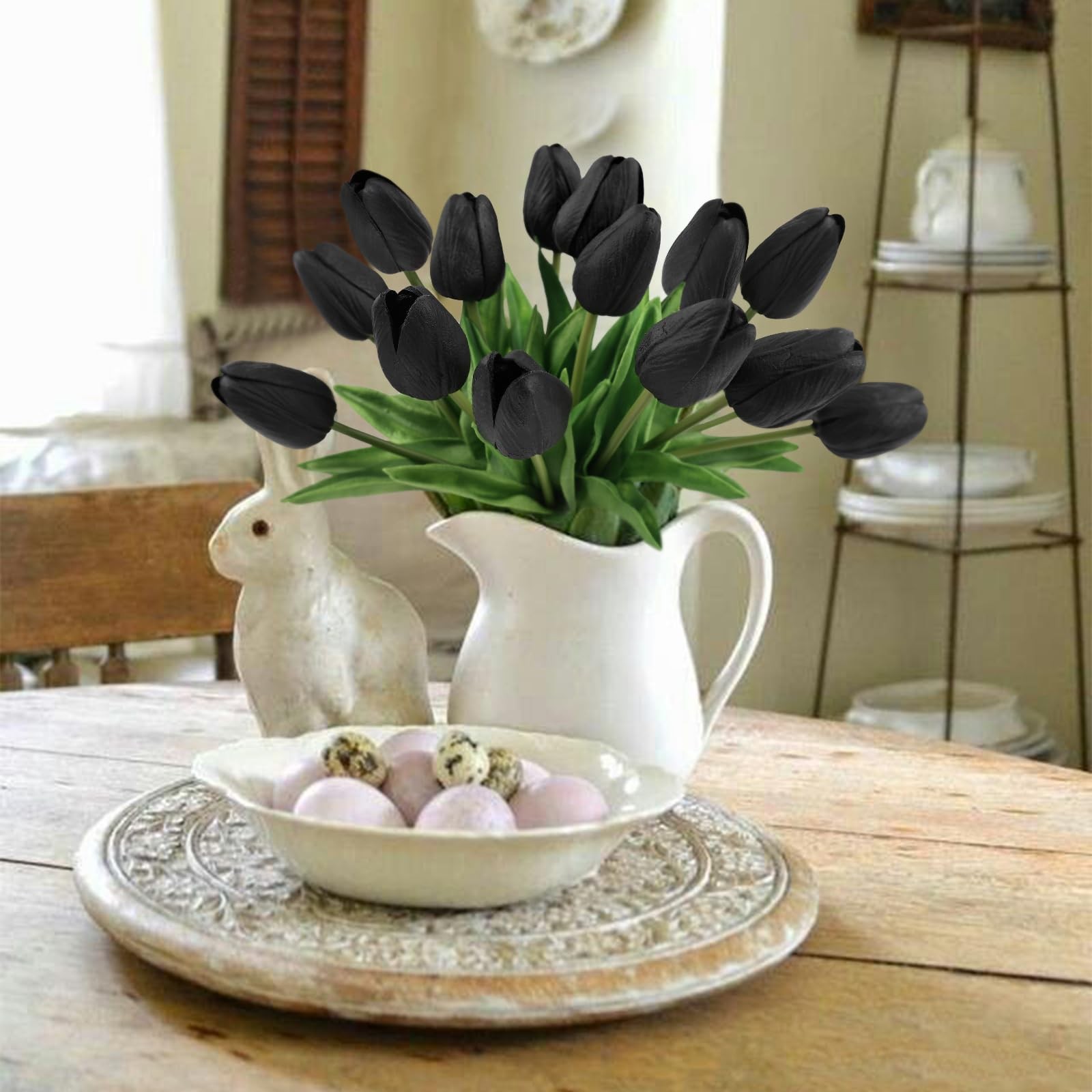 Black Tulips Artificial Flowers 18 PCS Faux Tulip Real Touch Fake Bouquet