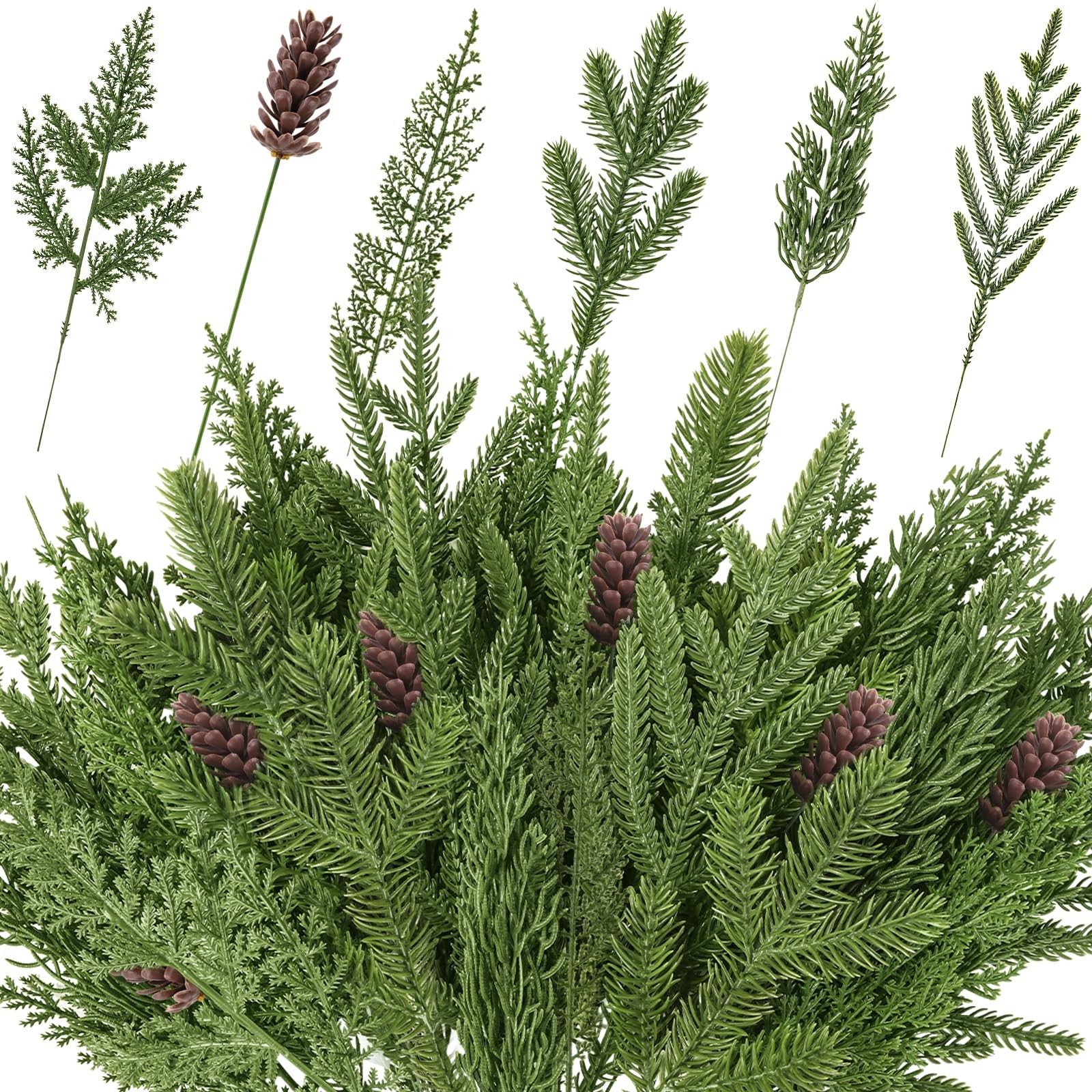 Real Touch Norfolk Pine Branches, 6 Styles Xmas Greenery For Home Decor, Green