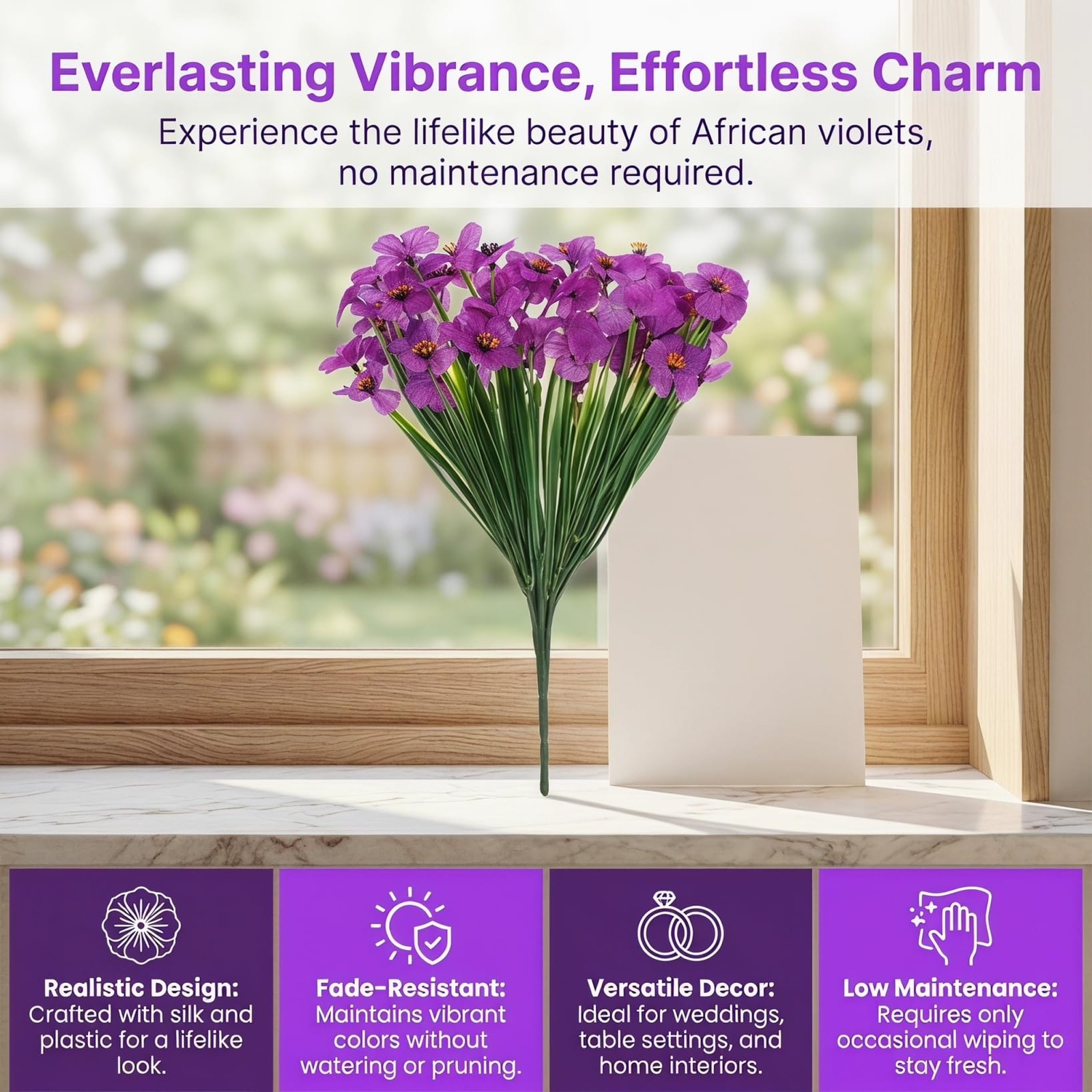 Artificial Violet Flowers, 4PCS Fake Purple Violets, Silk African Flower Bran…