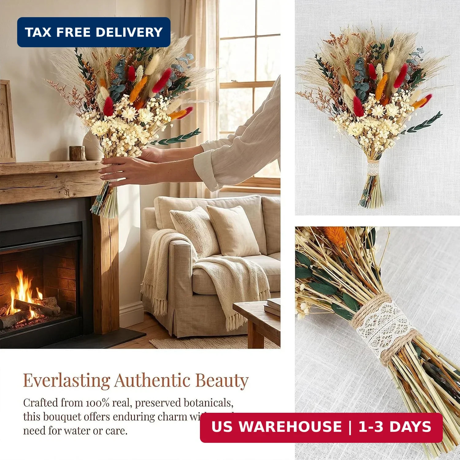 Dried Flower Bouquet,17″ Natural Dried Pampas Grass Decor, Boho Pampas Dried Flo