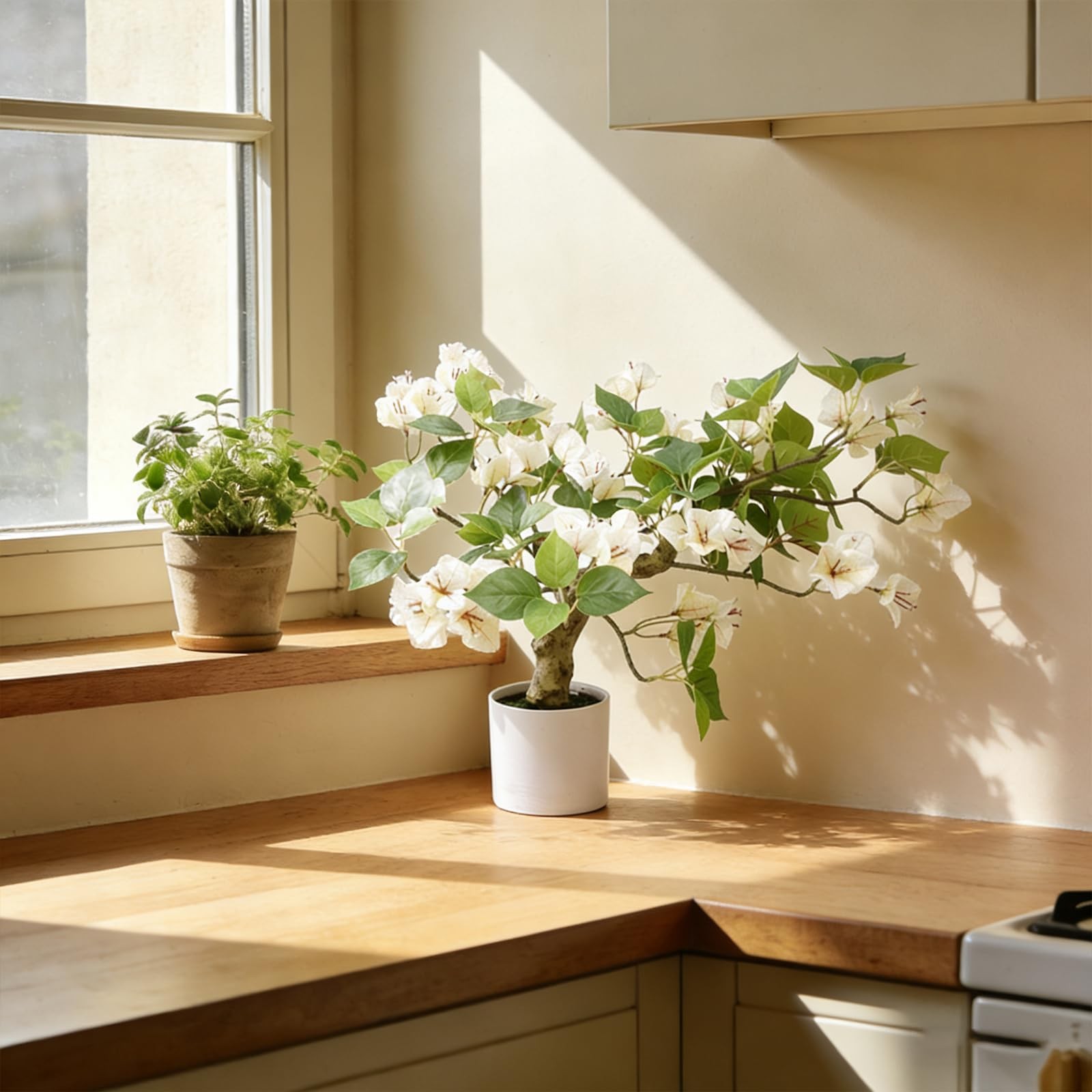 16 Inch White Artificial Bougainvillea Tree in Pot Faux Flower Plant Decor