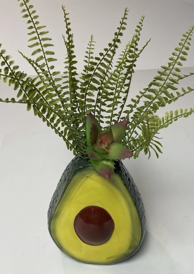 New Ceramic 13”H Ashland Avacado Fruit Shaped Vase With Floral /Fern Arrangement