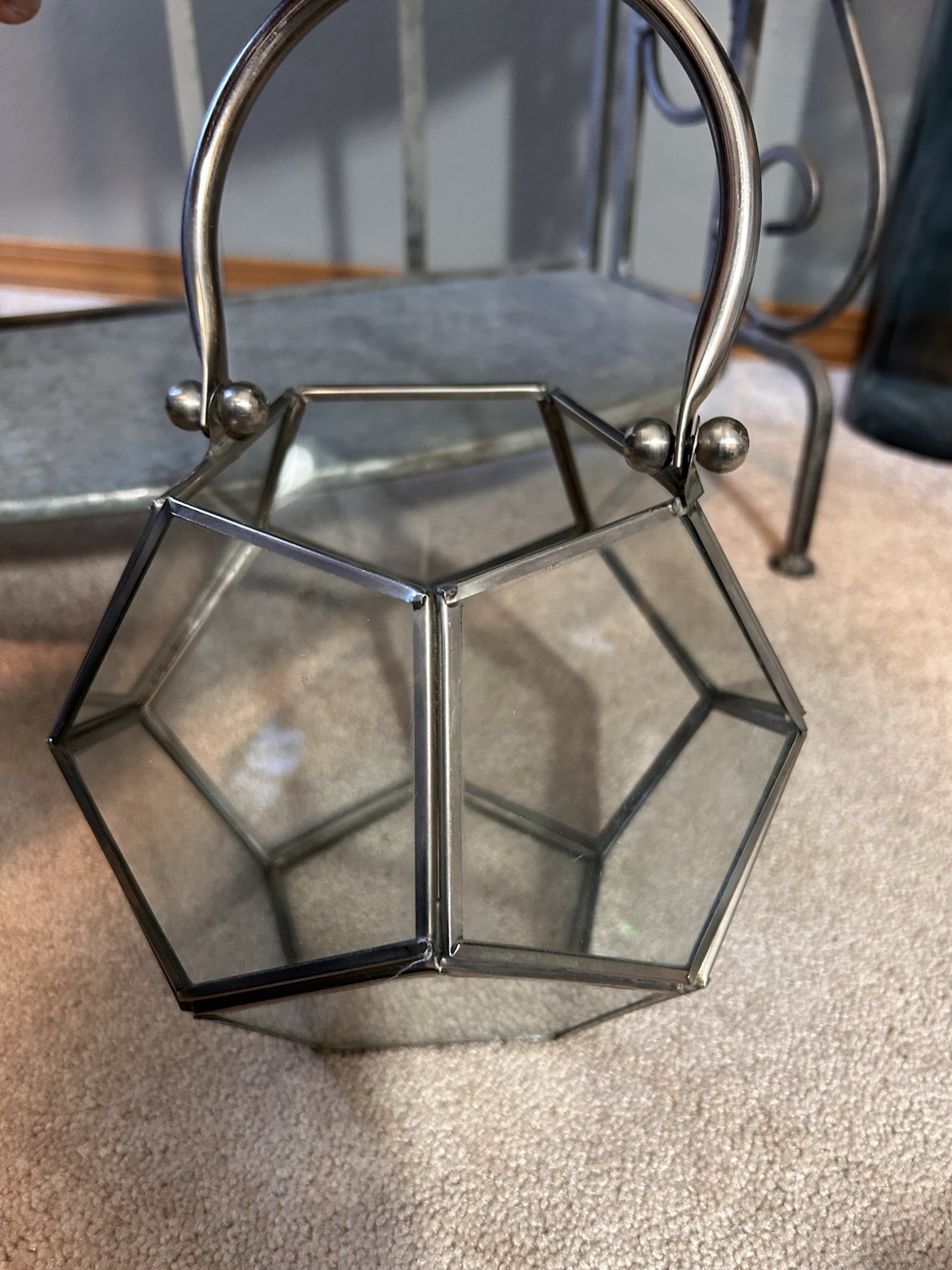 Geometric Glass Terrarium Basket with Metal Handle Pentagonal Display Holder 7”