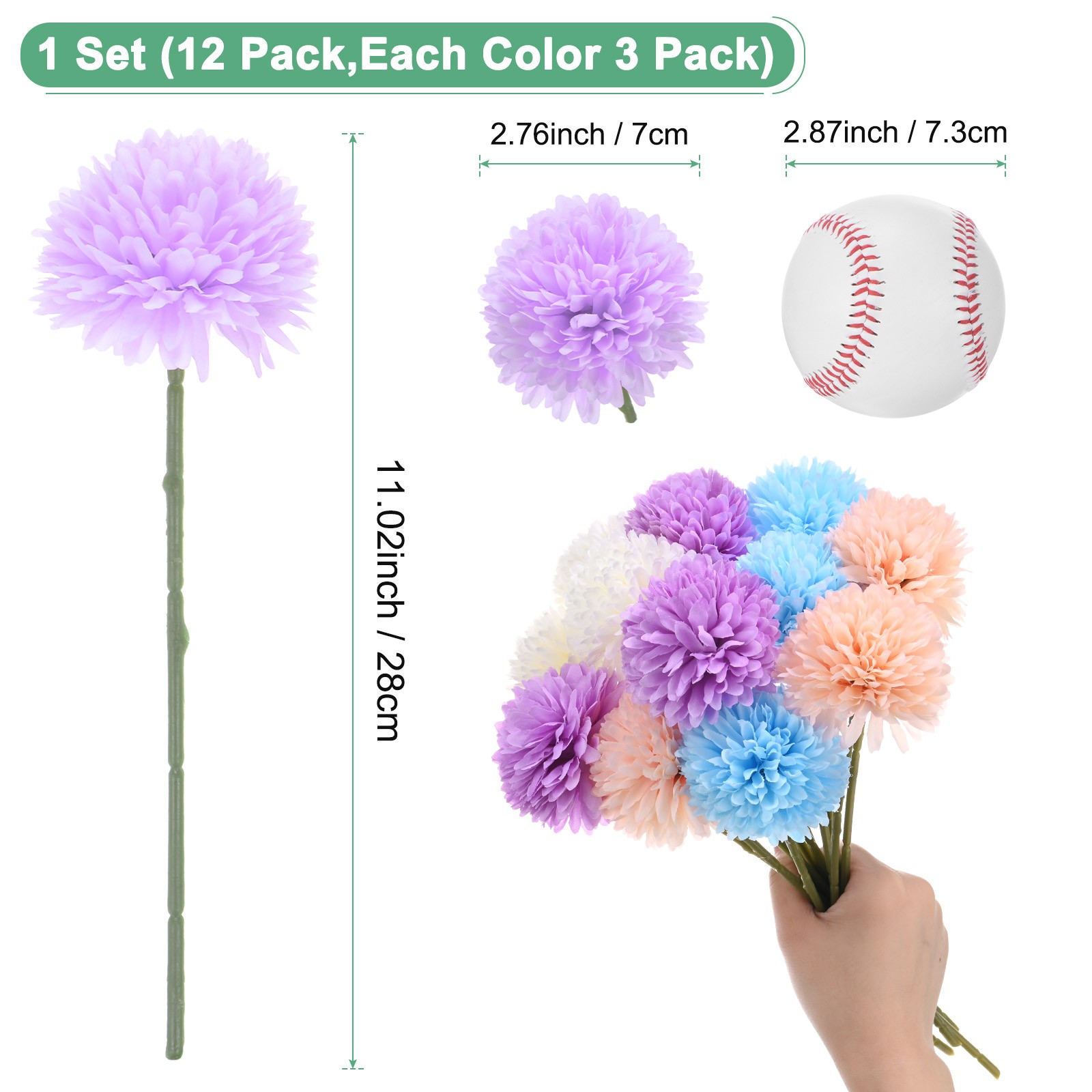 12-Pack Artificial Chrysanthemum Ball Flowers White,Pink,Purple,Blue