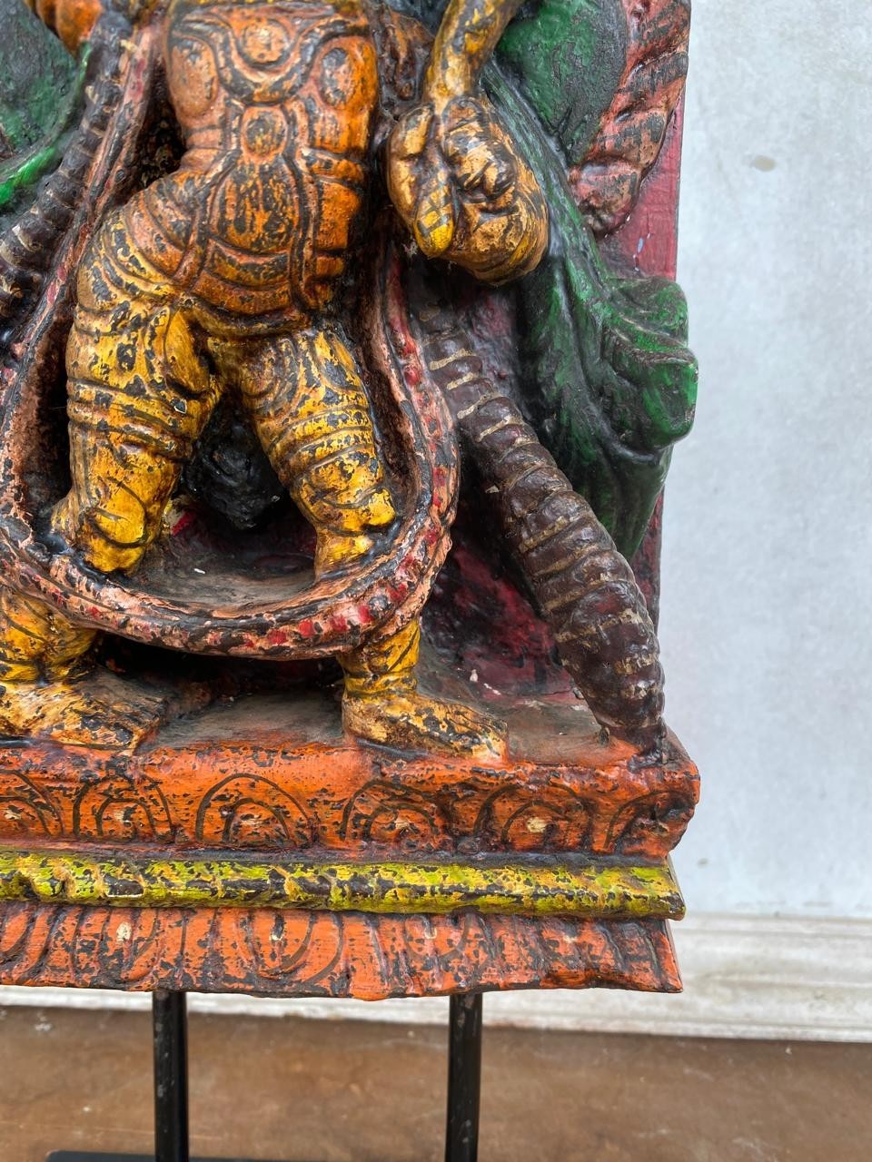 Hand Carved Wooden Hanuman Panel Sculpture Vintage Hindu Temple Decor Art