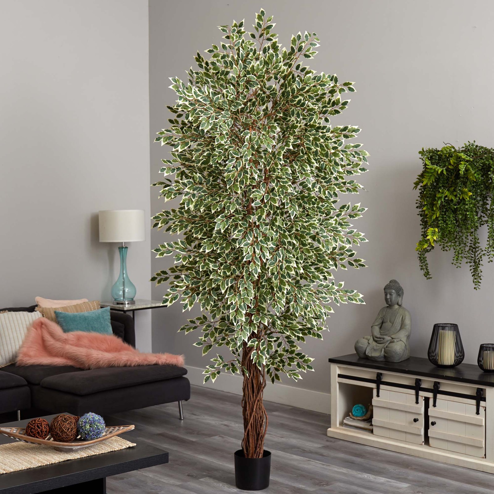 Nearly Natural 7.5ft Variegated Mini Ficus Tree in Green