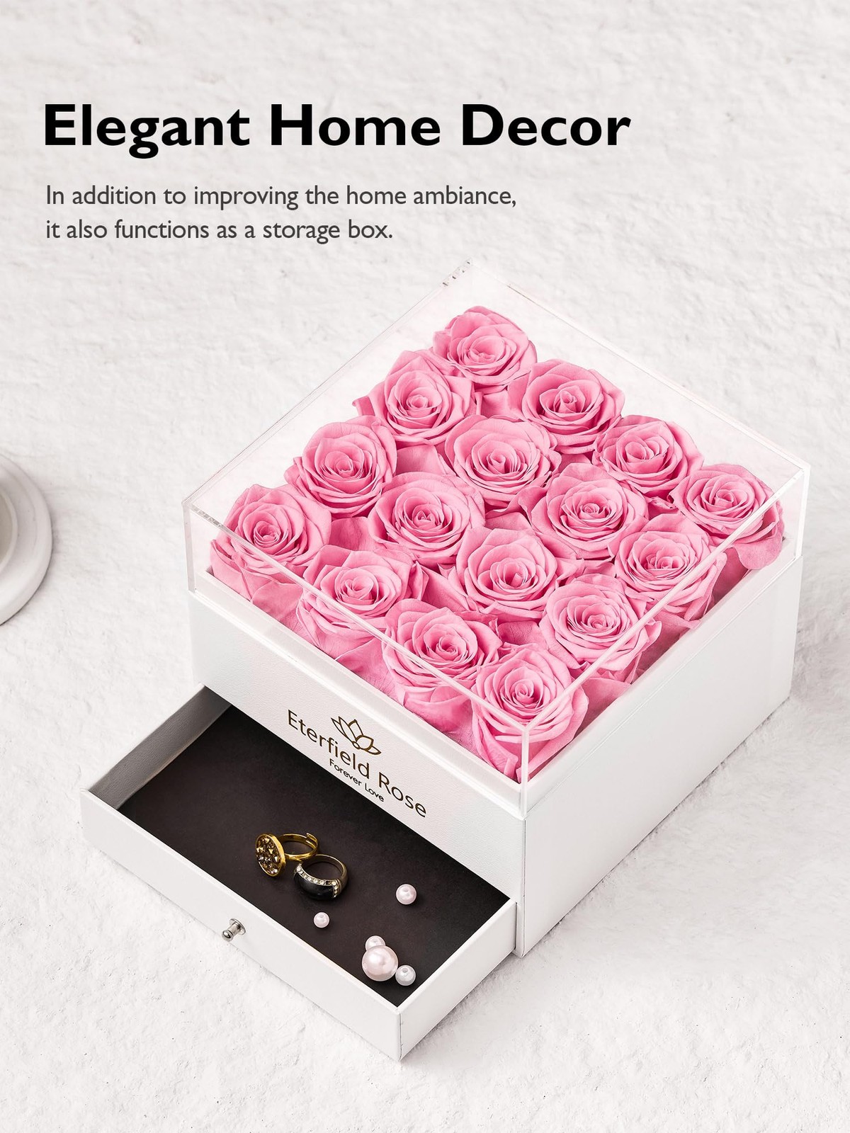 16 PCS Forever Flowers Preserved Pink Roses Square White Box With Drawer