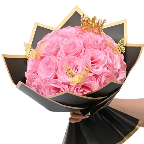 Glitter Roses Bouquet, DIY Fake Flowers Bouquet, Everlasting Shiny 24pcs Pink