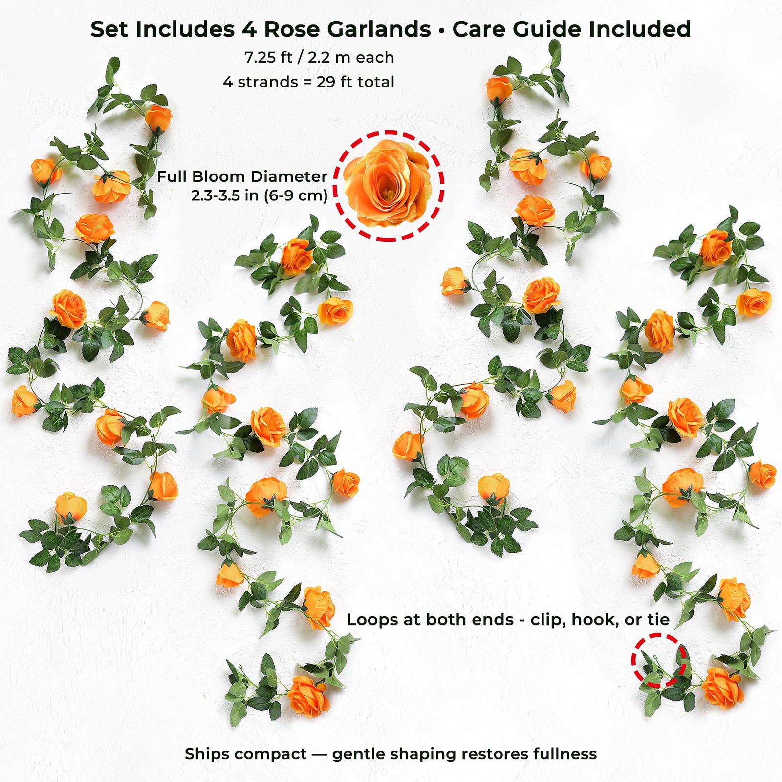 FiveSeasonStuff Warm Orange Artificial Rose Garlands, Four Separate Faux Flow…