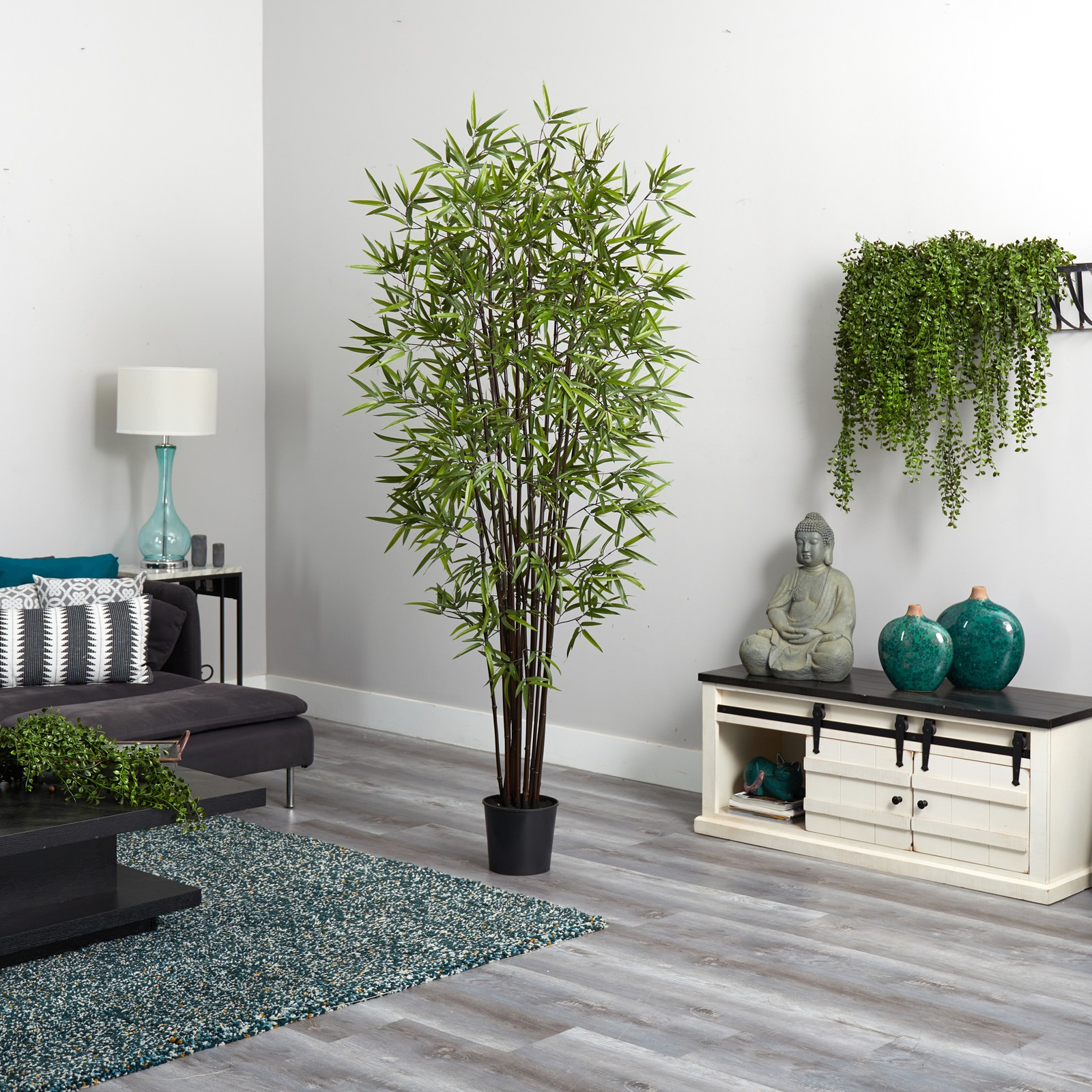 Nearly Natural 6.5ft Black Bamboo Silk Tree in Green
