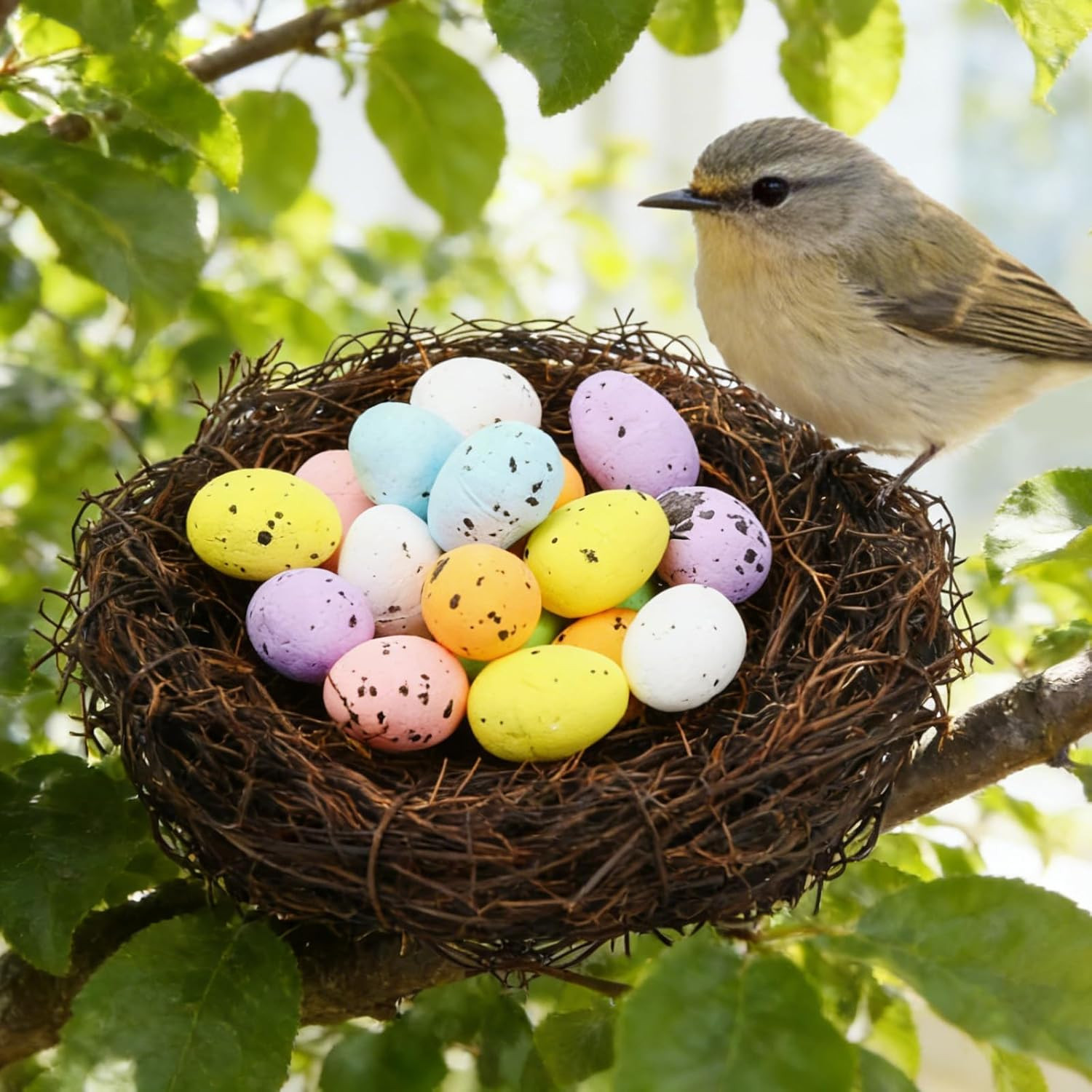 Easter Artificial Bird Nest with Eggs for Crafts, 6Pcs Artificial Rattan Birds N