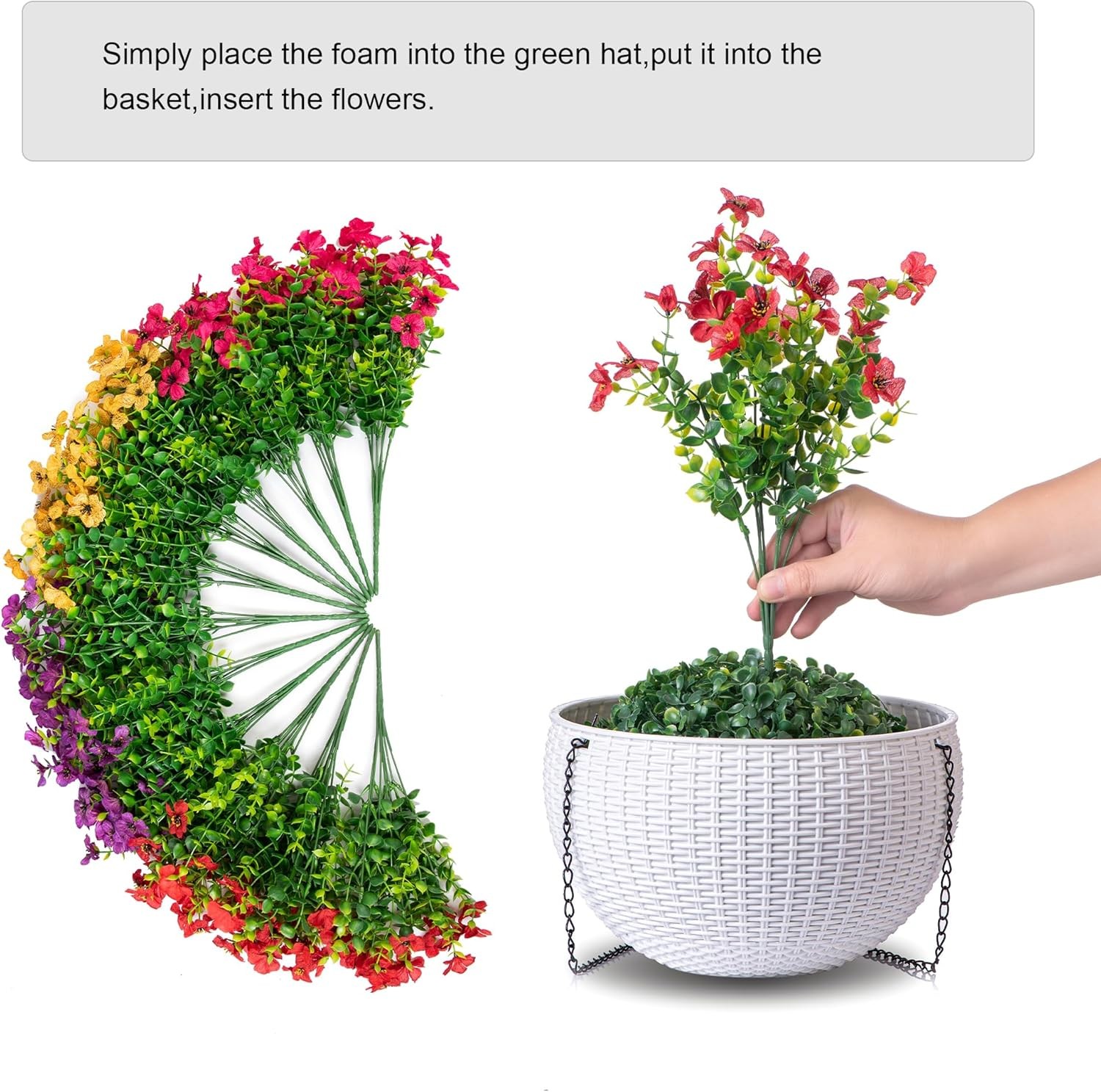 HyeFlora Artificial Faux Hanging Plants Flowers Basket for Summer Outdoor