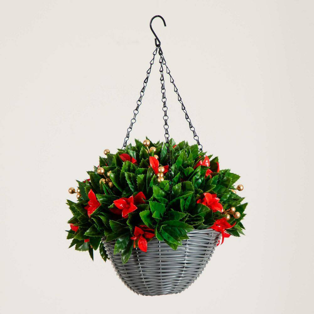 24 In. Pre-Lit UV Resistant Faux Red Tip Photinia & Gold Berries Christmas Hangi
