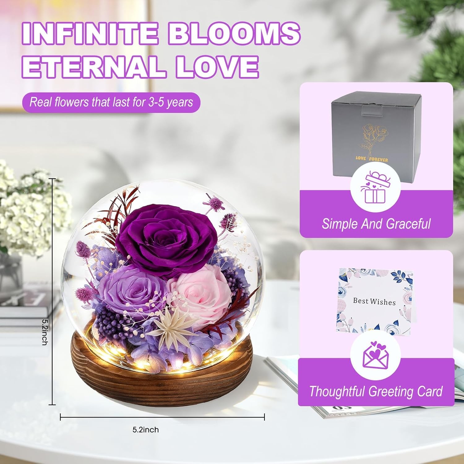 Preserved Eternal Rose in Glass Dome Led Light Flower Mothers Day Gifts for Mom