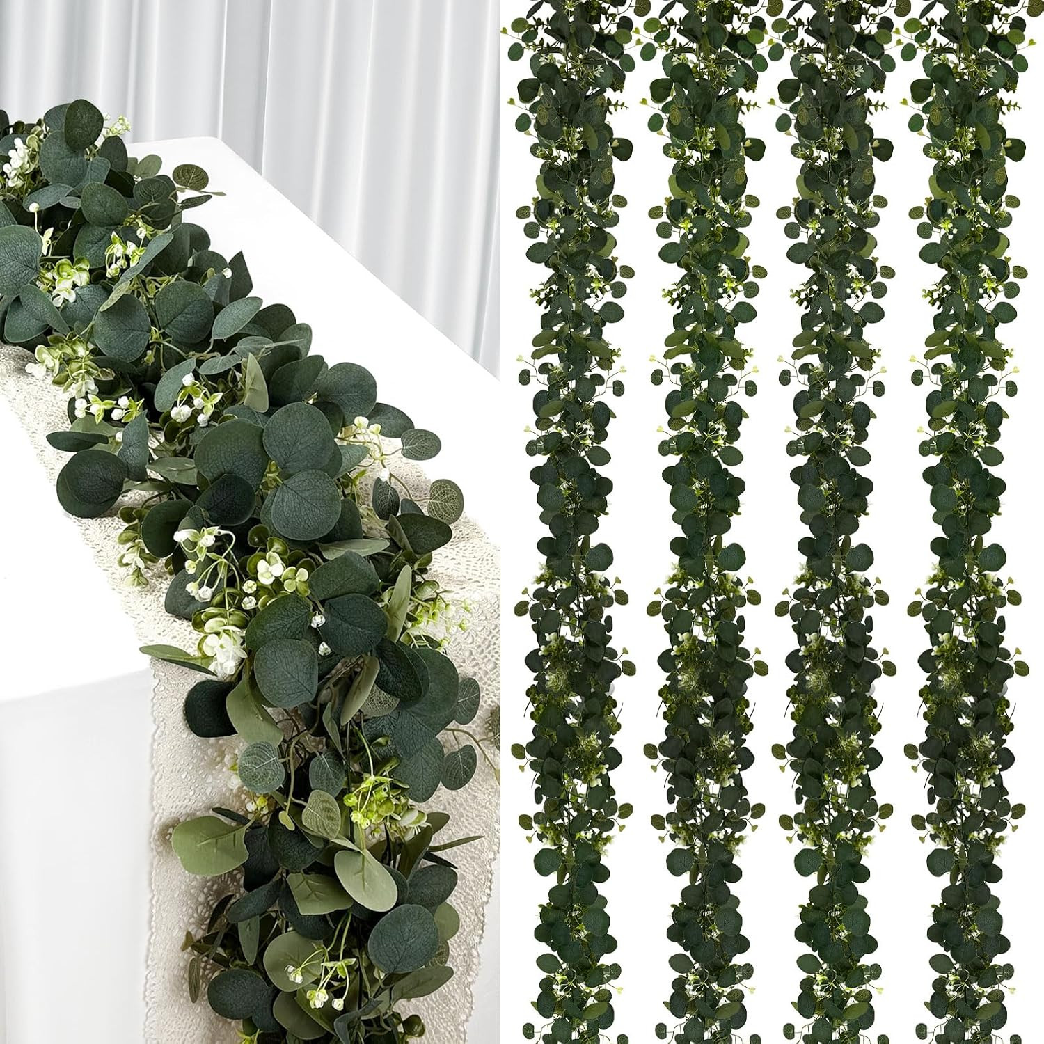 4Pcs Eucalyptus Garland, 6FT Green Flower Garland Decor, Artificial Faux Eucalyp