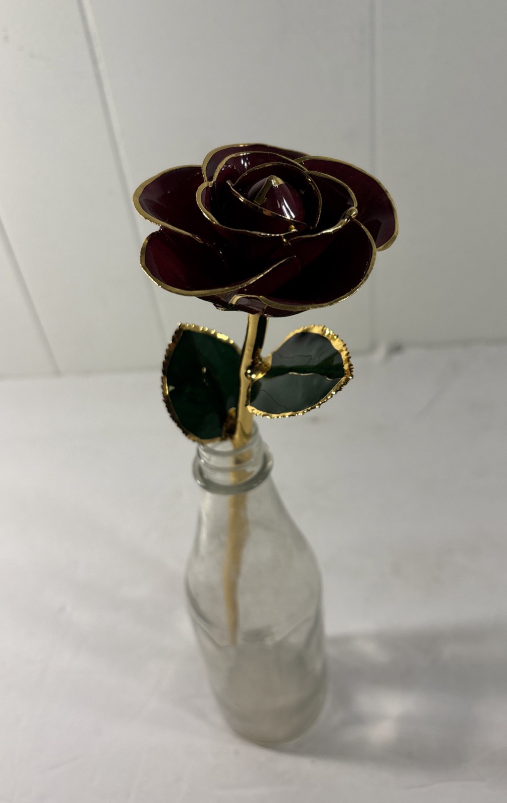 Gold Trimmed Valentine Red Rose 24K Style Long Stem Enamel Flower Gift 11”