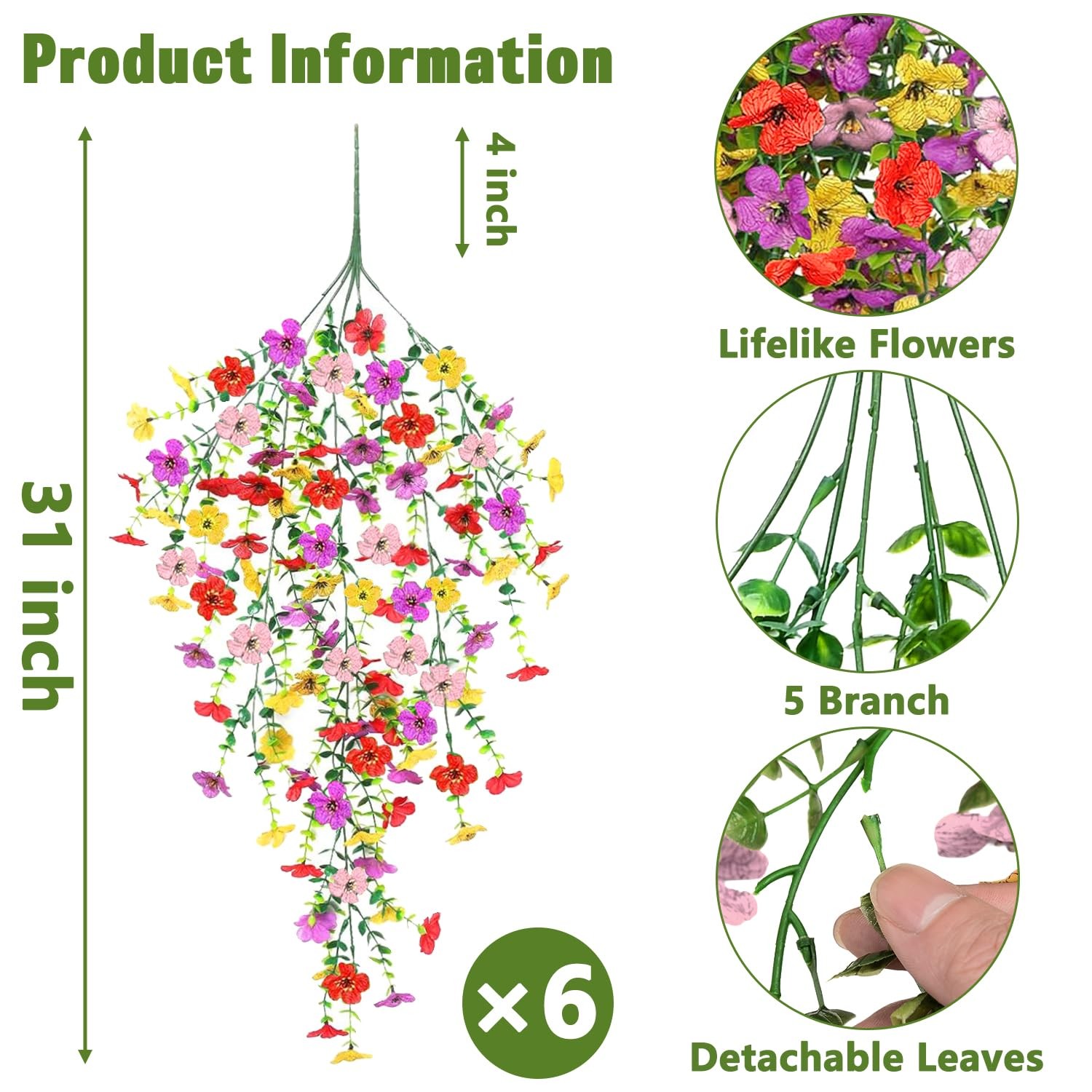 6 Bundles UV Resistant Artificial Flowers for Outdoors, Mix Color