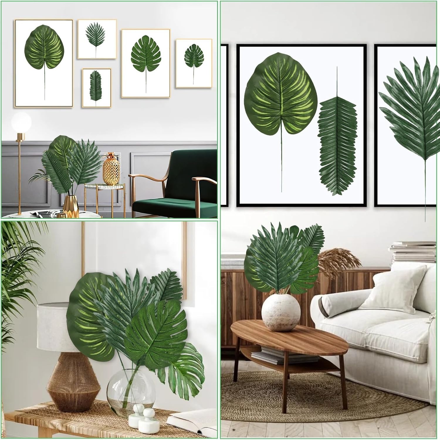 Assorted 60 Faux Tropical Leaves with Flexible Stems for Home & Party Decoration