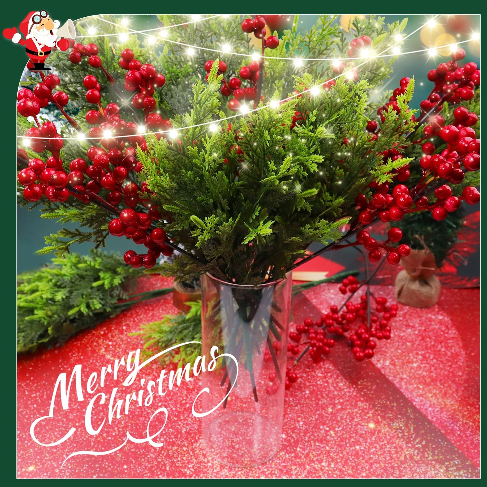 24 Pieces Large Christmas Artificial Plants Outdoor Fake Pine Branch Red Berr…