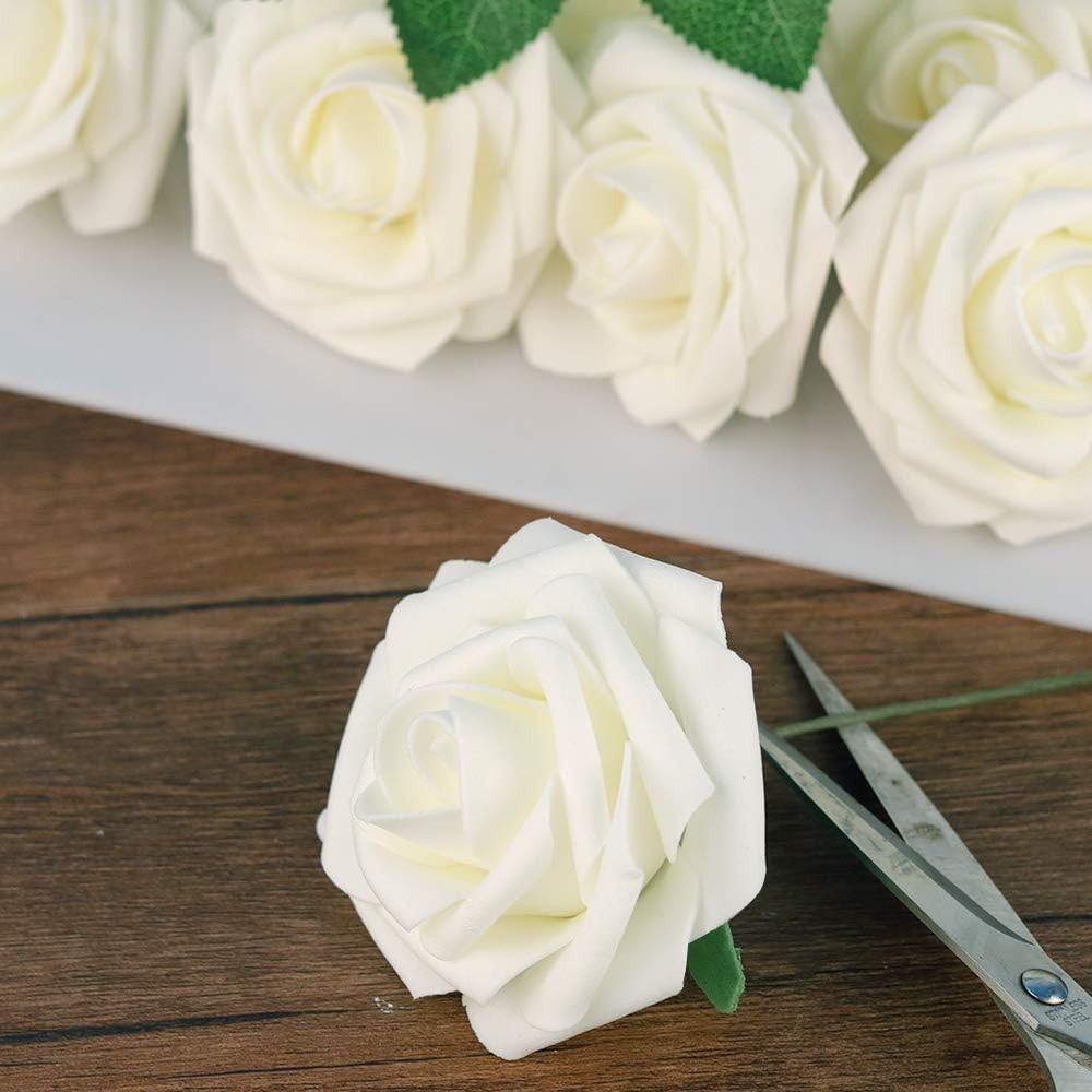 50Pcs Artificial Ivory Roses Floral Decor Wedding Centerpieces DIY Craft