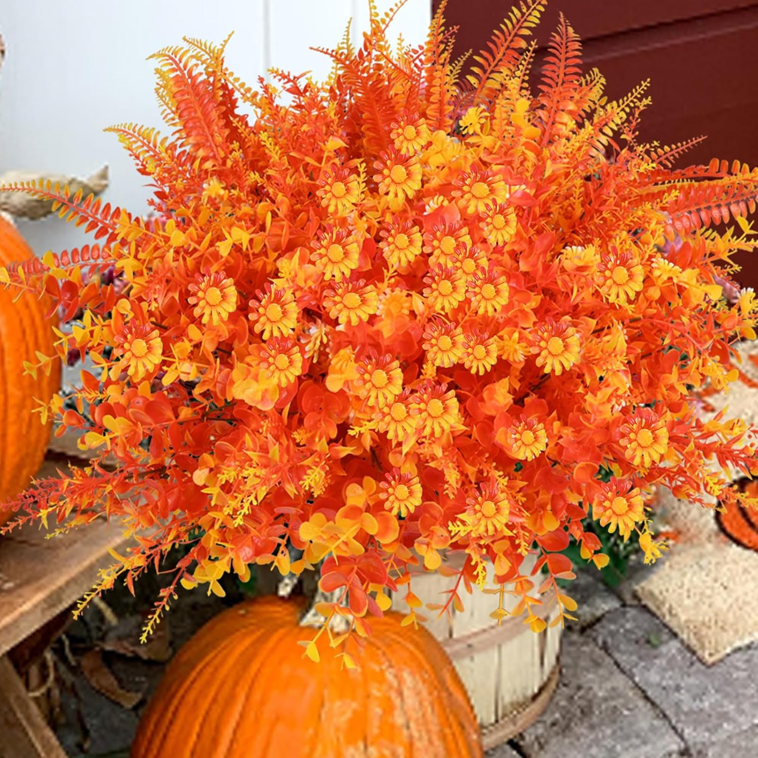 16 Bundles of Orange Artificial Fall Flowers for Outdoor Autumn Decor