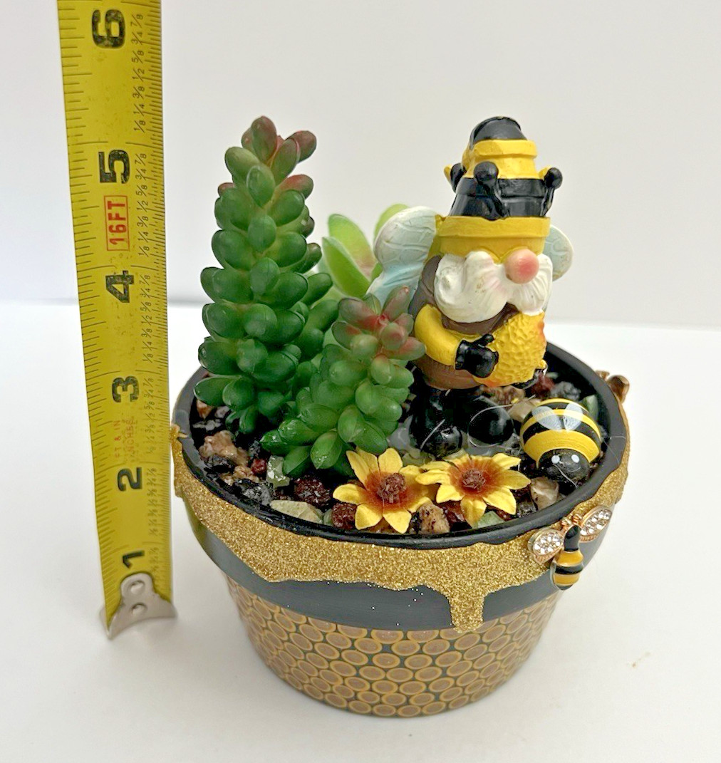 Handmade Gnome Planter Pot Fake Cactus Bumble Bee Theme Artificial Succulent
