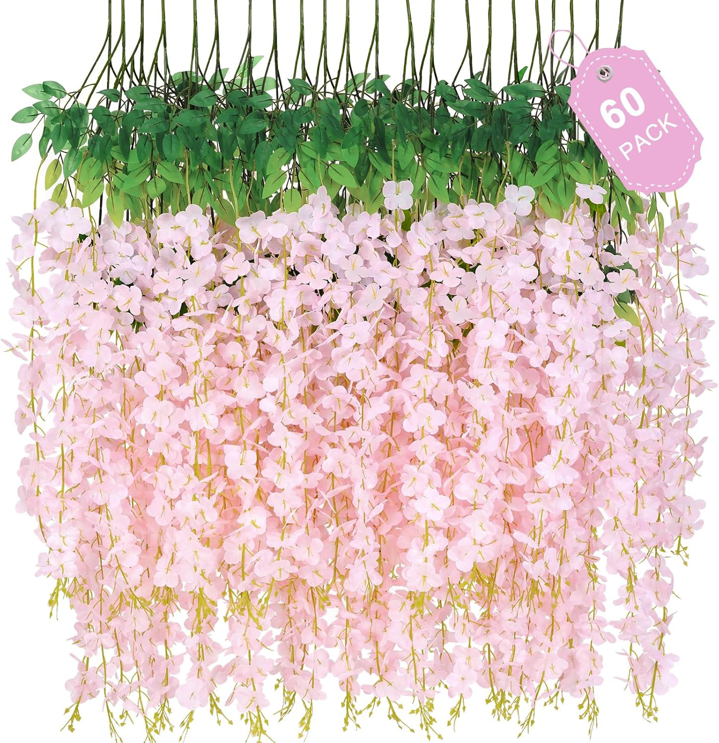 60 Pack Light Pink Wisteria Hanging Flowers for Home, Party, Wedding Decor