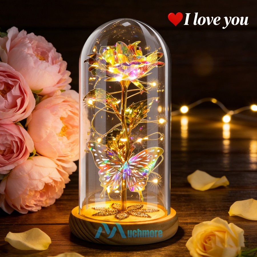 Preserved Eternal Galaxy Rose Flower In Glass Dome with LED Light Gift for Her