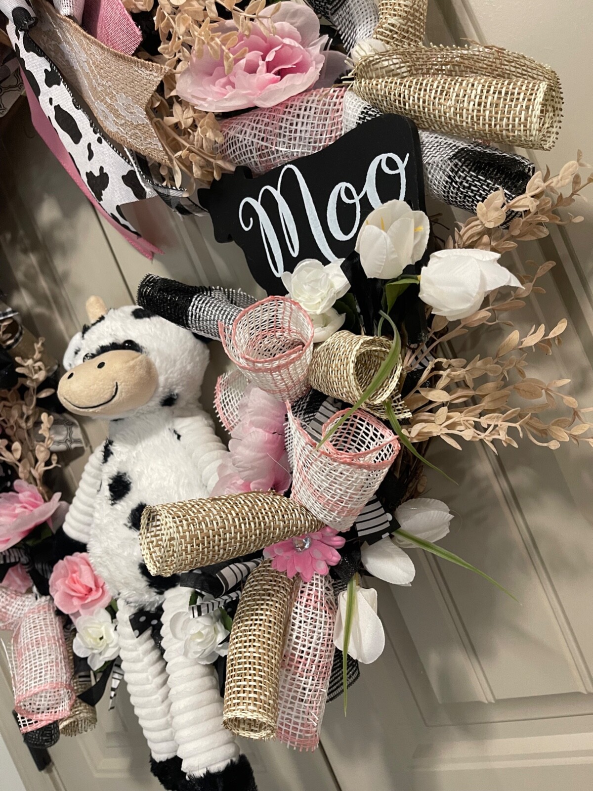 Farm MOO Cow floral mesh grapevine wreath by Taylormadecustombows 32x28x7″