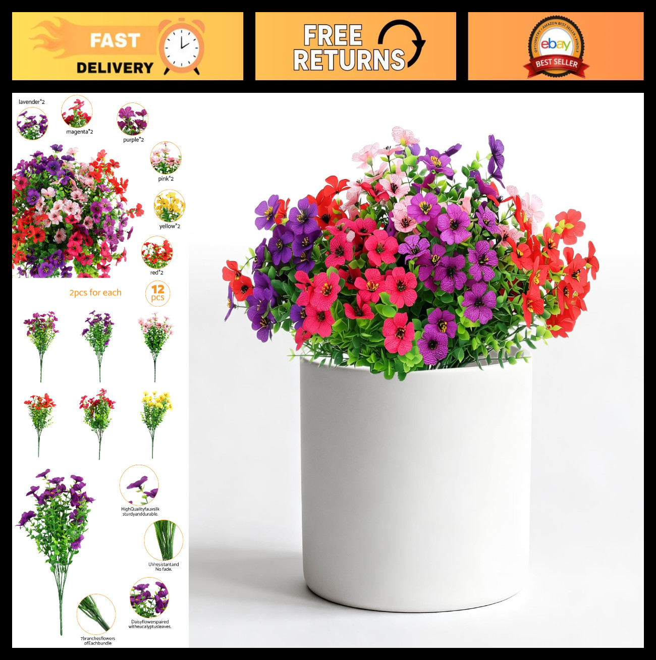12PCS Faux Daisy Flowers with Eucalyptus, 6 Colors, Waterproof, Bendable Stems f