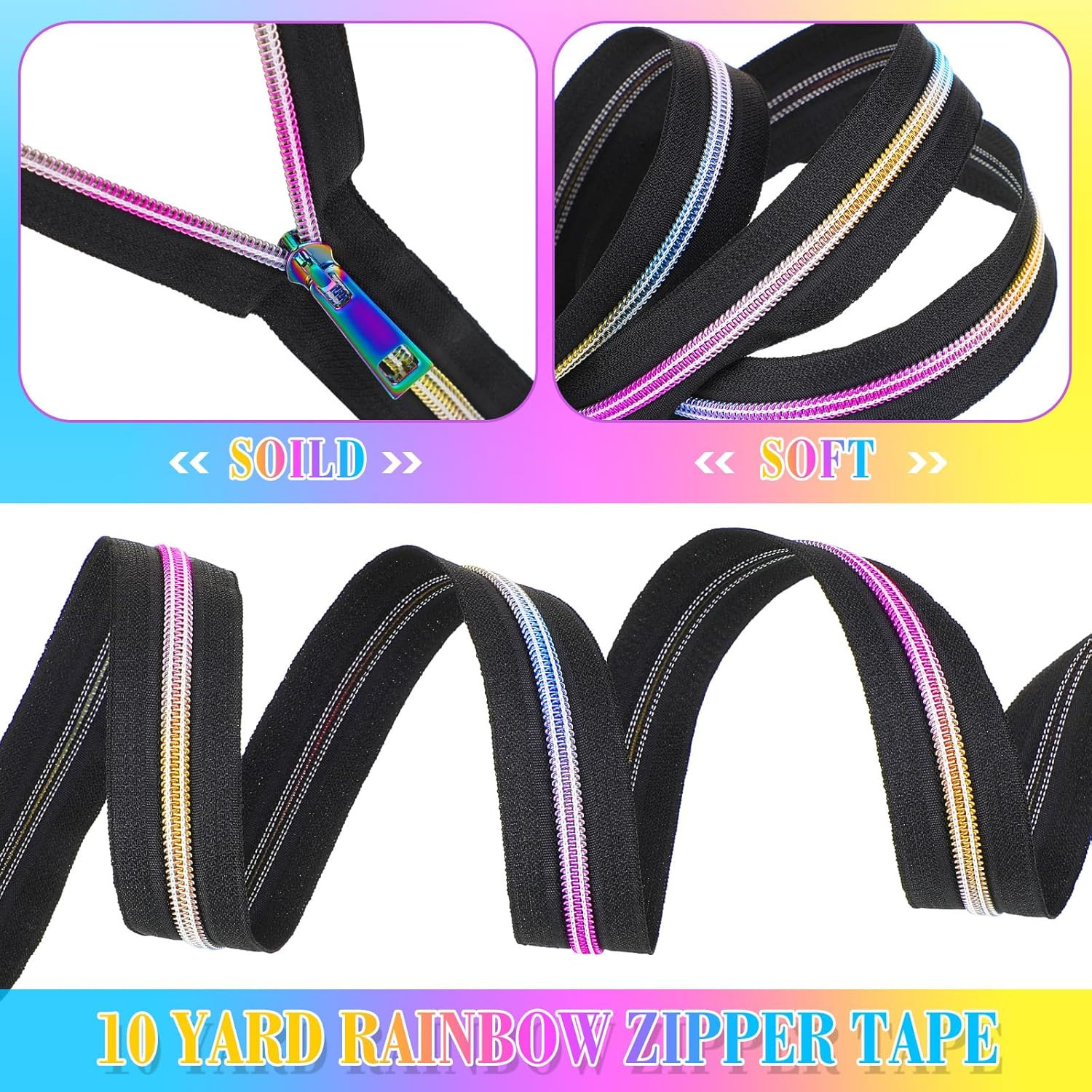 #5 Rainbow Zipper Tape by the Yard 10 Yards Rainbow Teeth Nylon Zipper with 20 P