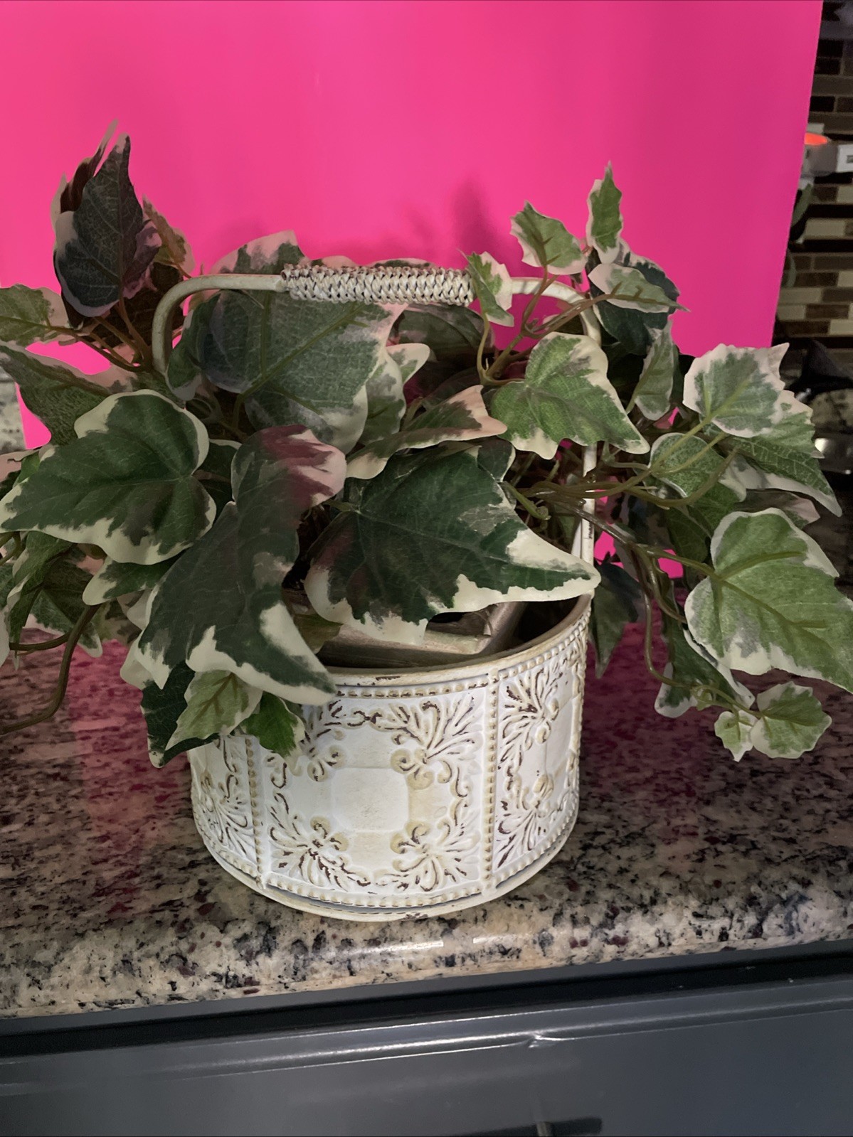 Artificial Ivy Plant In Heavy Pot, Inside Metal Basket