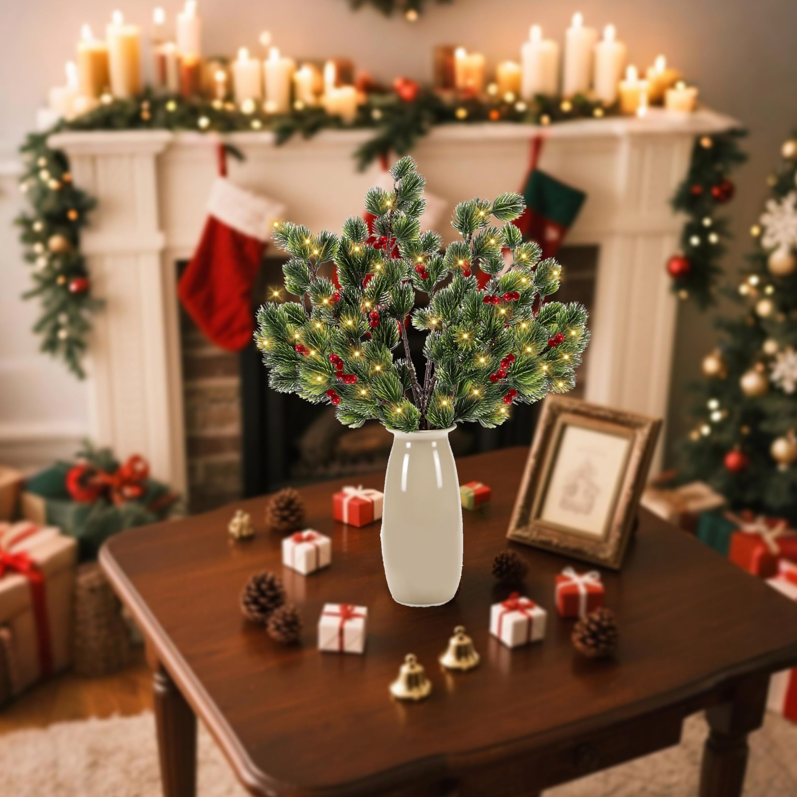 2 PCS Lighted Christmas Pine Brenches for Vase, Prelit Artificial Twigs with …