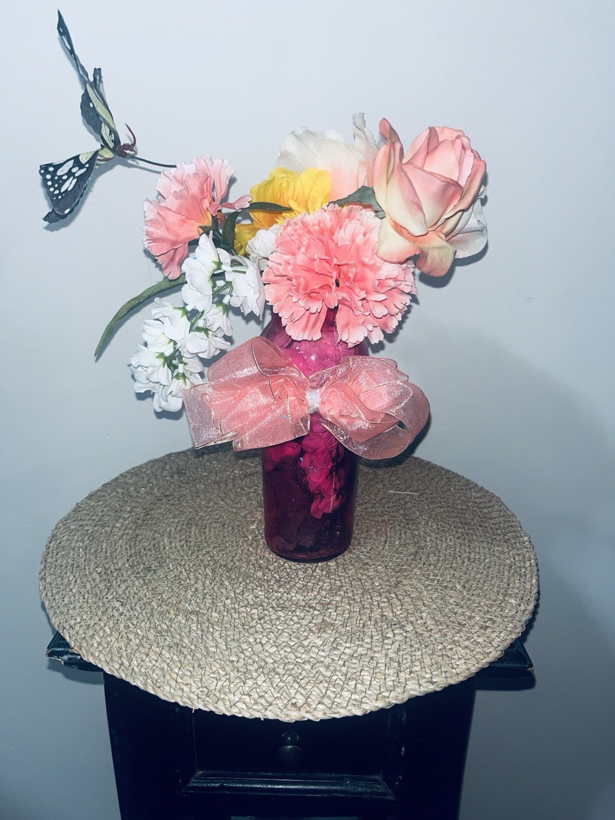 Pink Artificial Flower Arrangement w/ Rose, Carnation, Butterfly, Ribbon