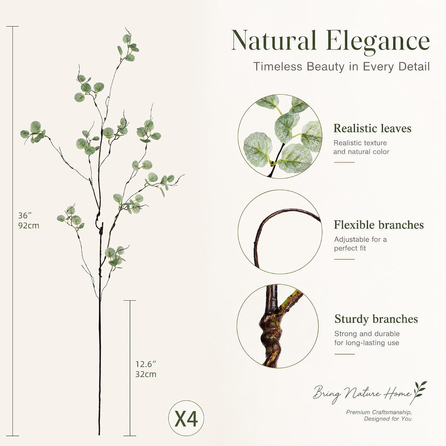 Faux Eucalyptus Stems for Vase – 4PC 36 Inch Artificial Plant Branches for Indoo