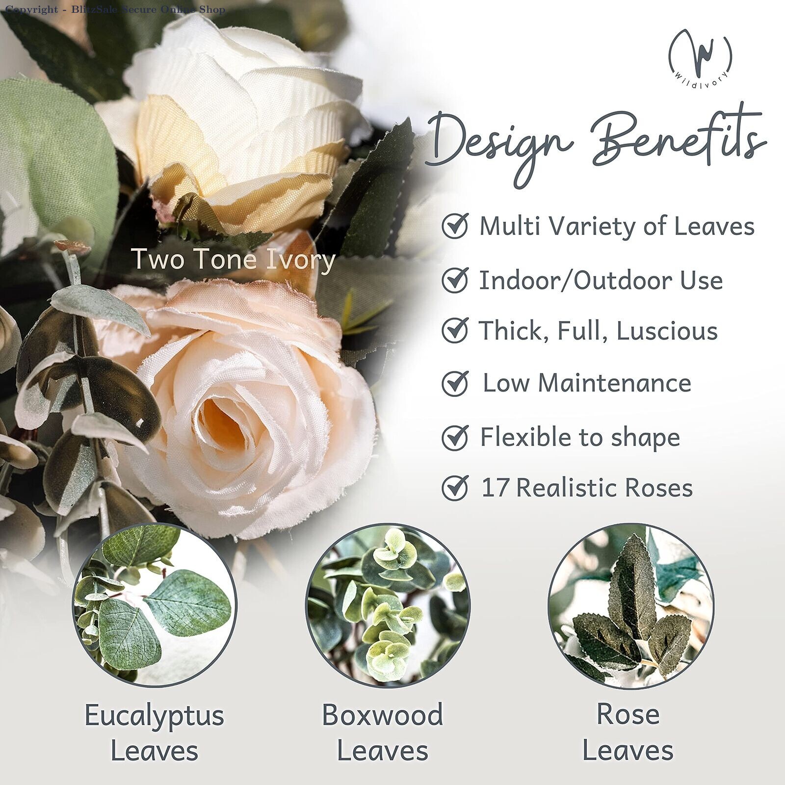 6 Pack Artificial Eucalyptus Garland with 17 Ivory Cream Roses – Wedding Floral
