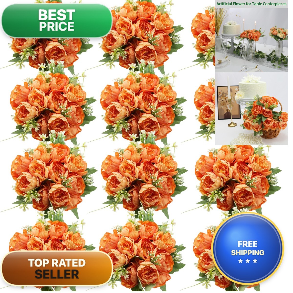 Nagobi 12 Bundles Orange Peonies Artificial Flowers Centerpiece