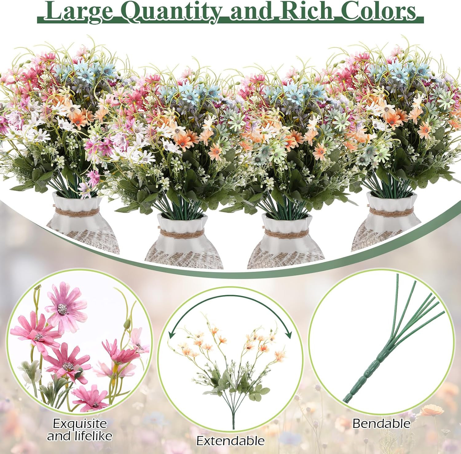 48 Pcs Wildflowers Artificial Flowers Silk Fake Daisy Wild Flower Bouquets Outdo