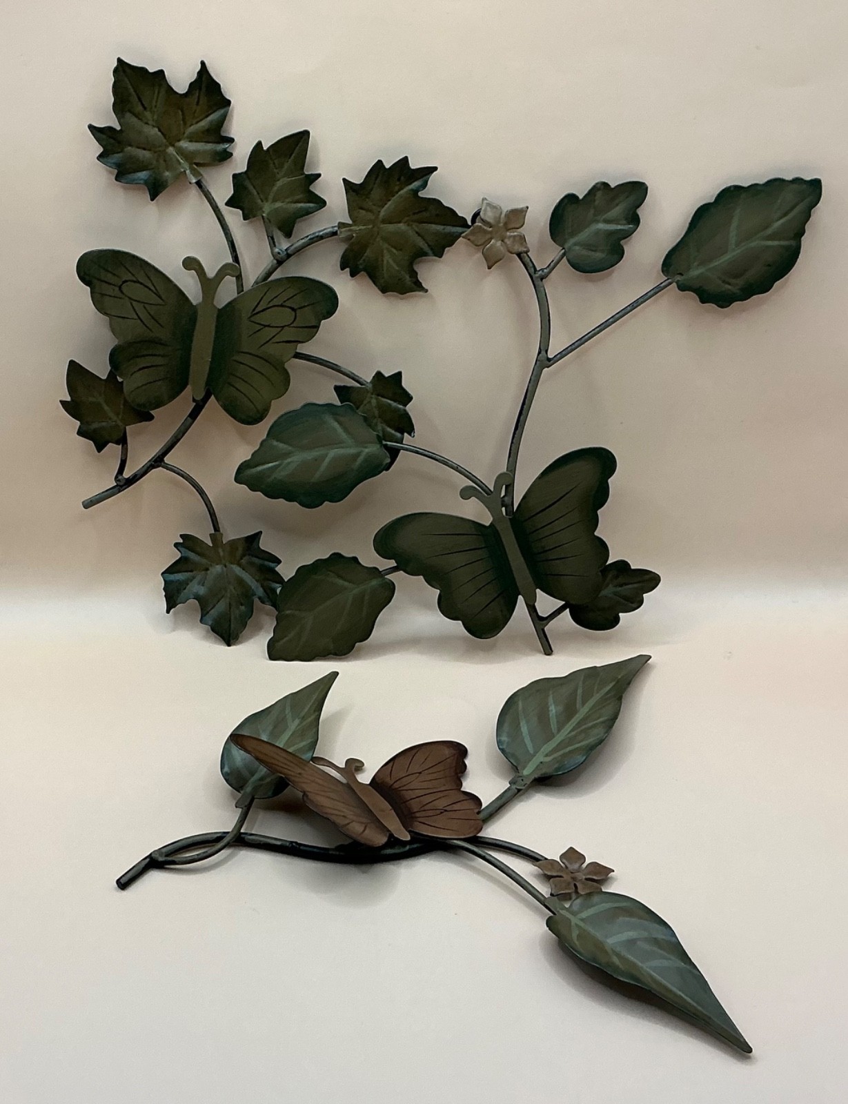 3 Decorative Hand Painted Metal Butterflies Branches Leaves Wall Art