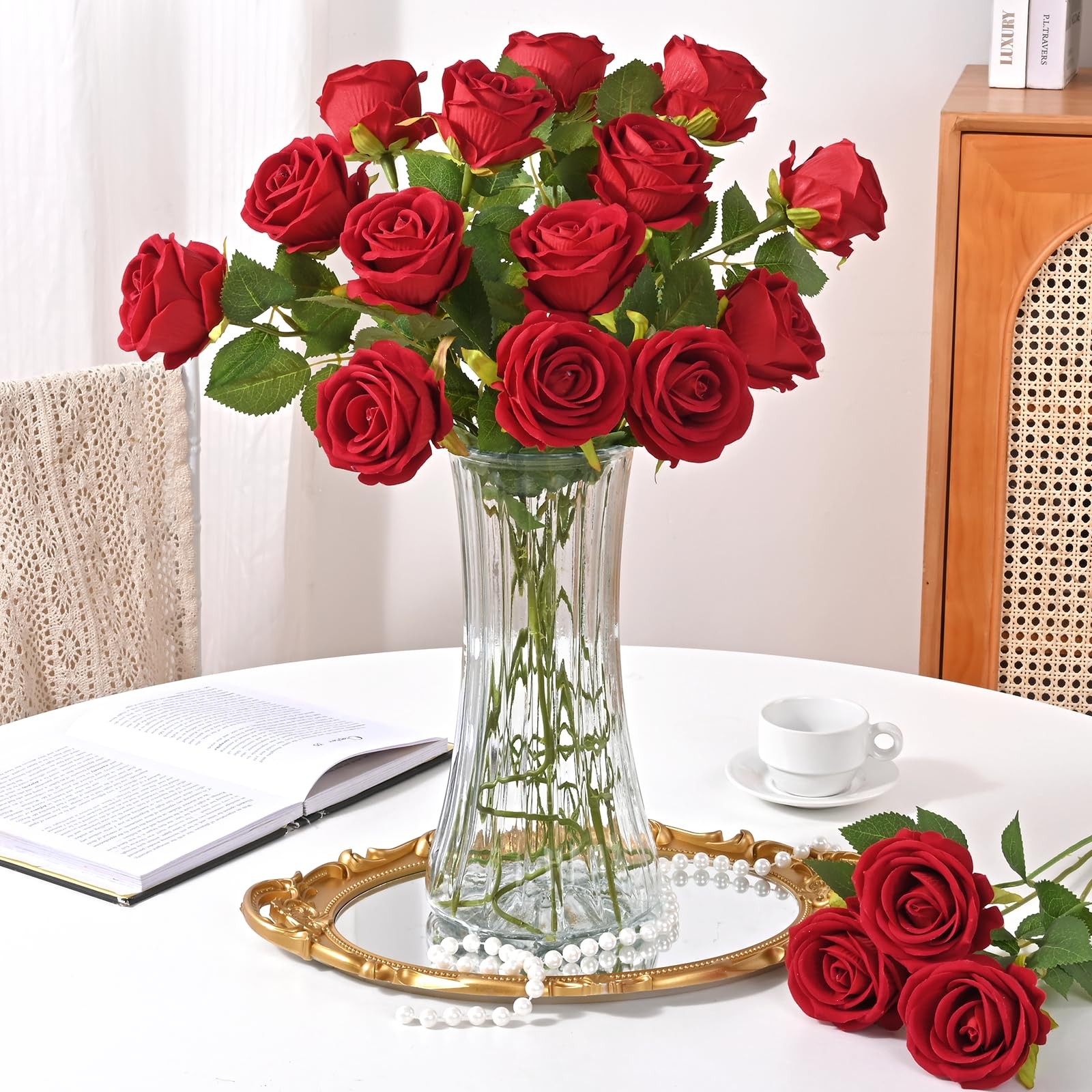 Artificial Red Roses Real Touch Velvet Bulk 50 Pcs Wedding Bridal Bouquet Decor