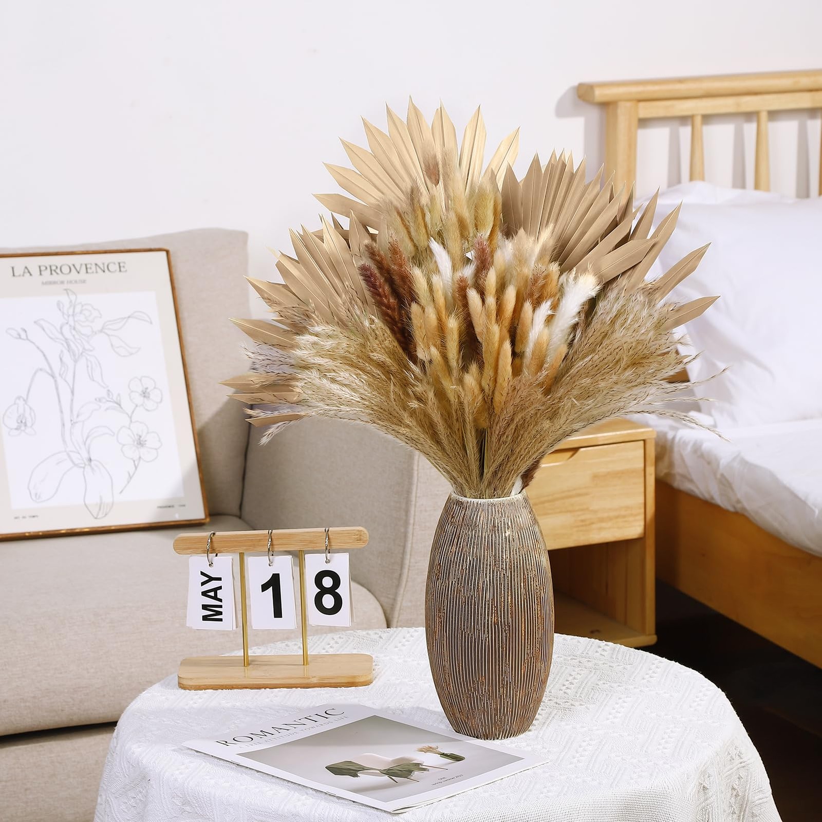 105 Pcs Boho Dried Pampas Grass & Palm Leaves, Natural Pampas Grass Decor Spe…