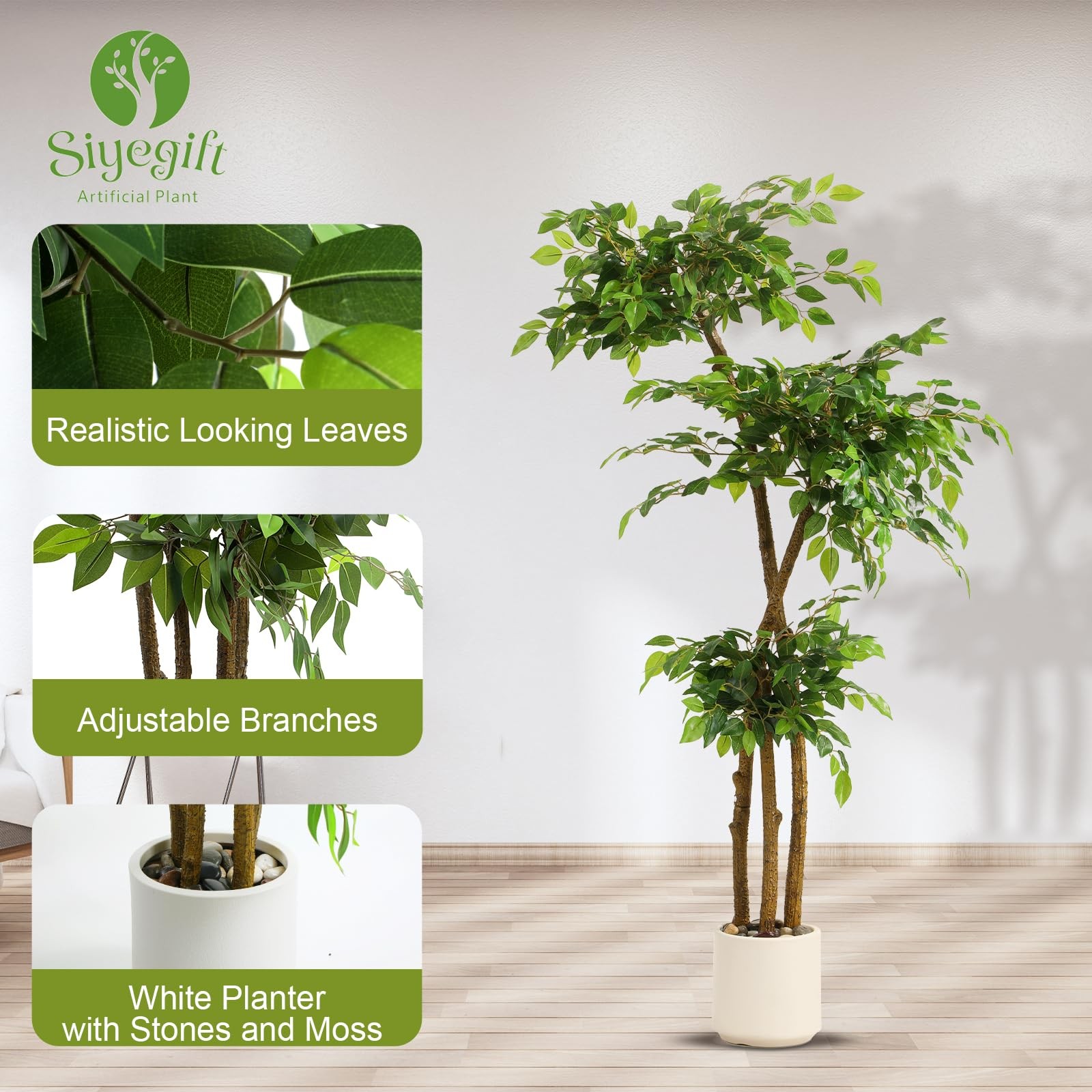 5FT Artificial Ficus Tree with White Planter and Pebbles,Faux Silk Tree with …