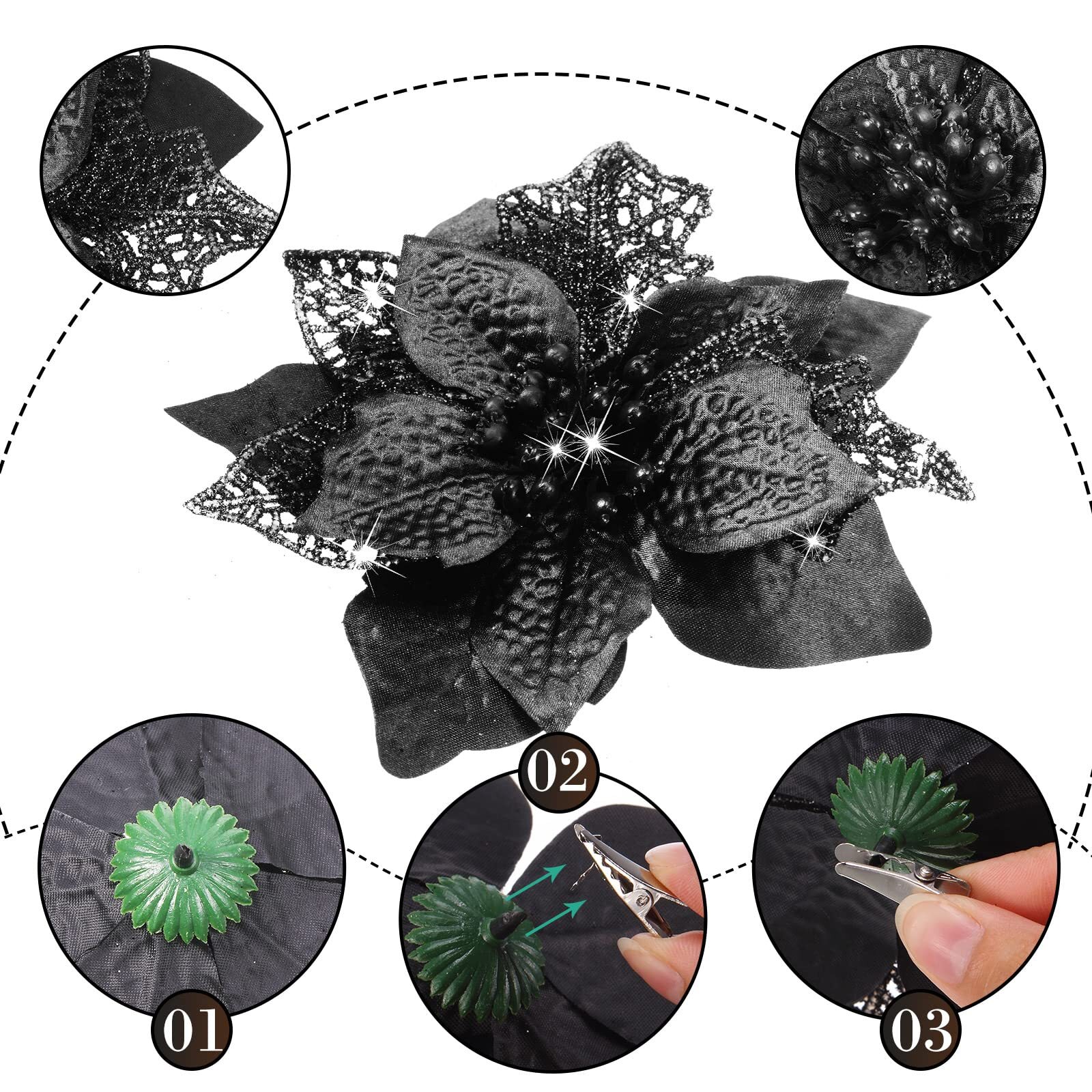 Black Christmas Poinsettia 36pcs Glitter Faux Flowers Xmas Tree Ornaments